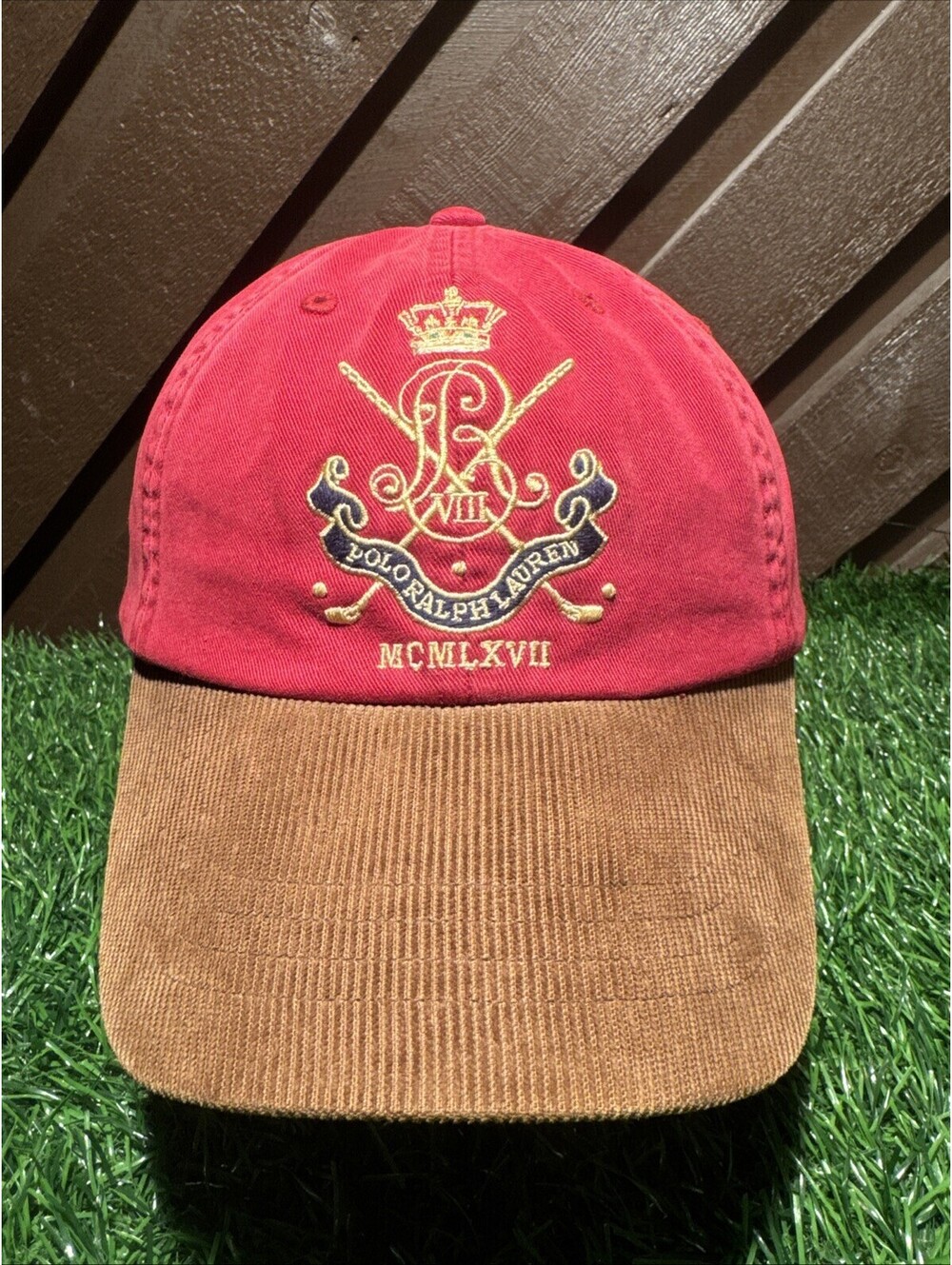 Vintage Polo Ralph Lauren Stableford Match Cup Golf Crest Hat Red Corduroy Brim